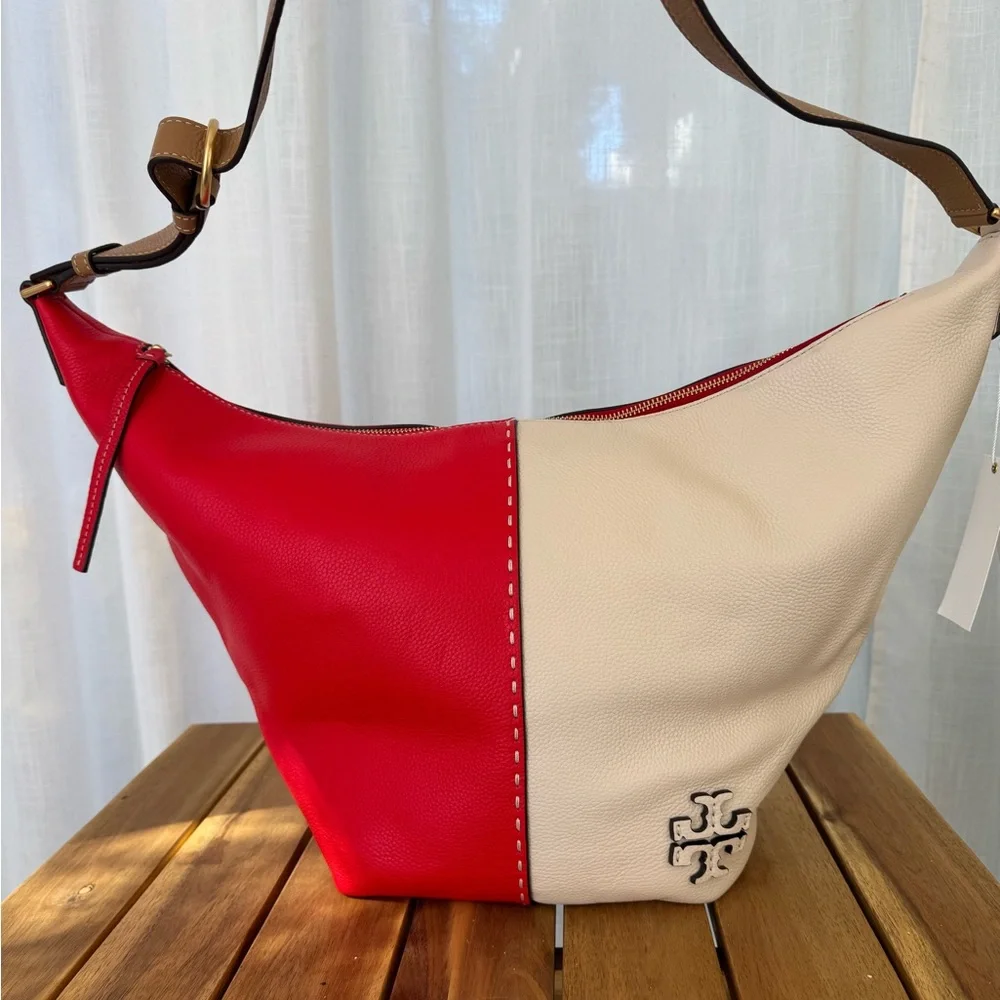 Tory Burch McGraw Colorblock Zip Bucket Bag Brilliant Red New Cream Leather Hobo